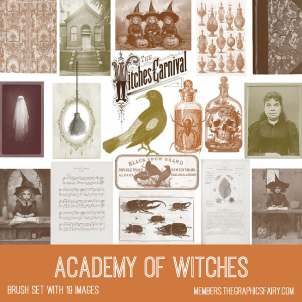 vintage Academy of Witches ephemera brush set
