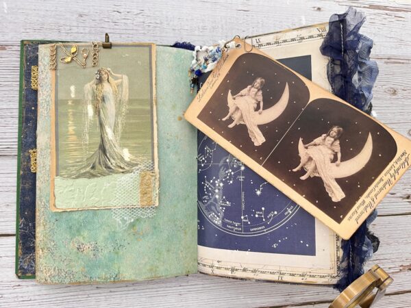 Journal spread with constellation chart and a girl sitting on the moon