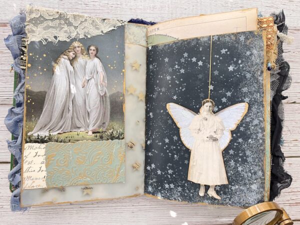 Journal spread with starry background and angels