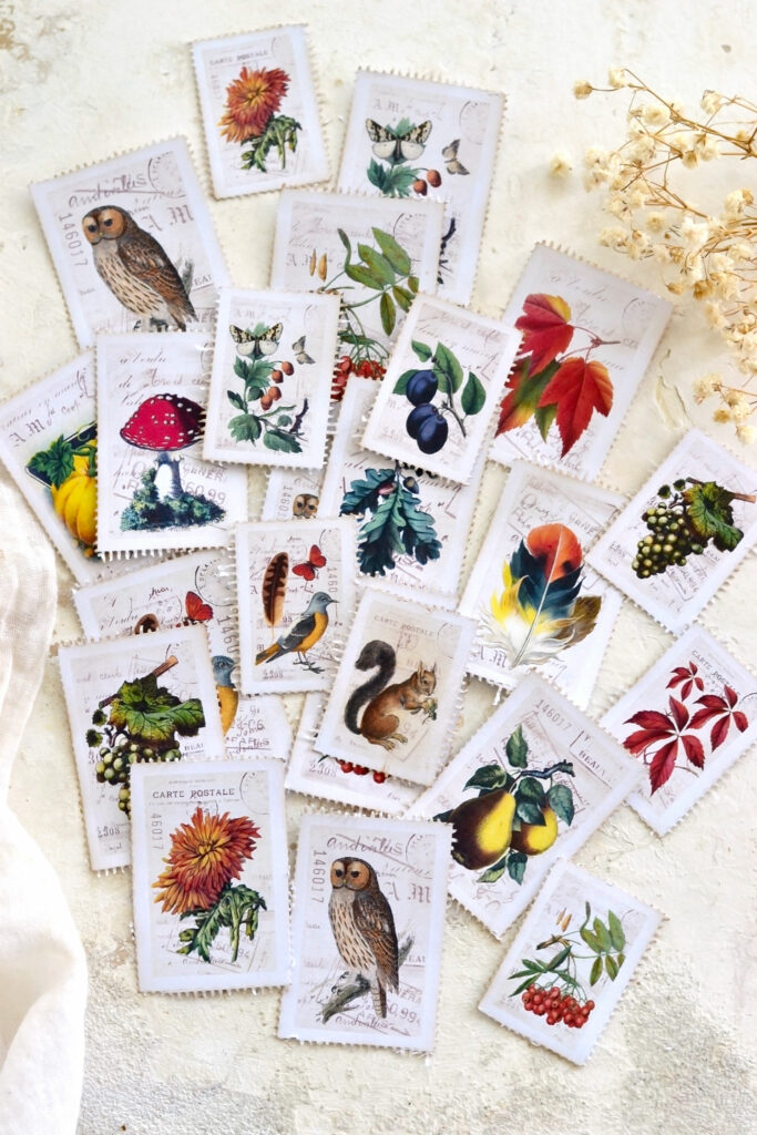faux postage stamps with different designs