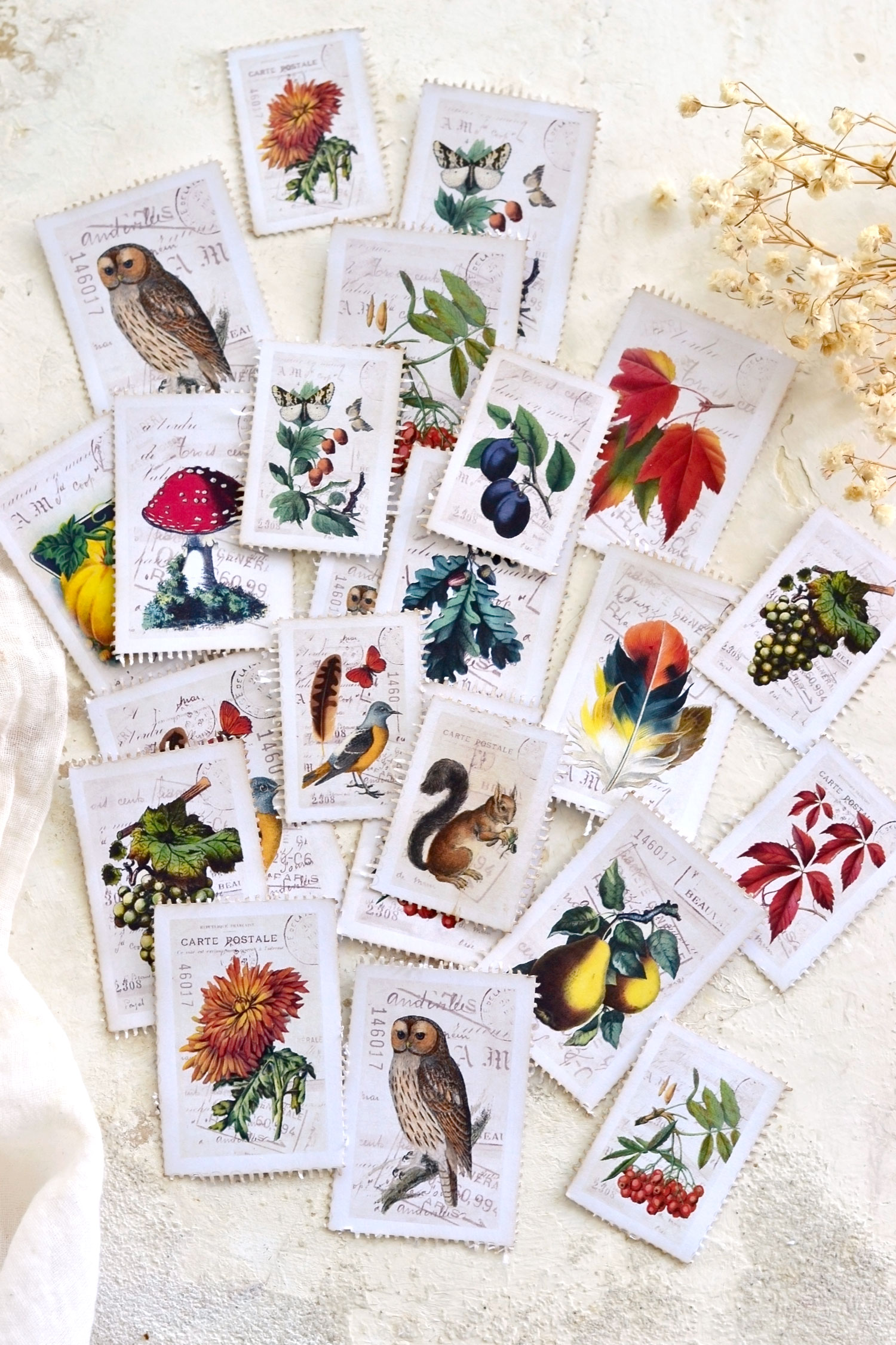 faux postage stamps with different designs
