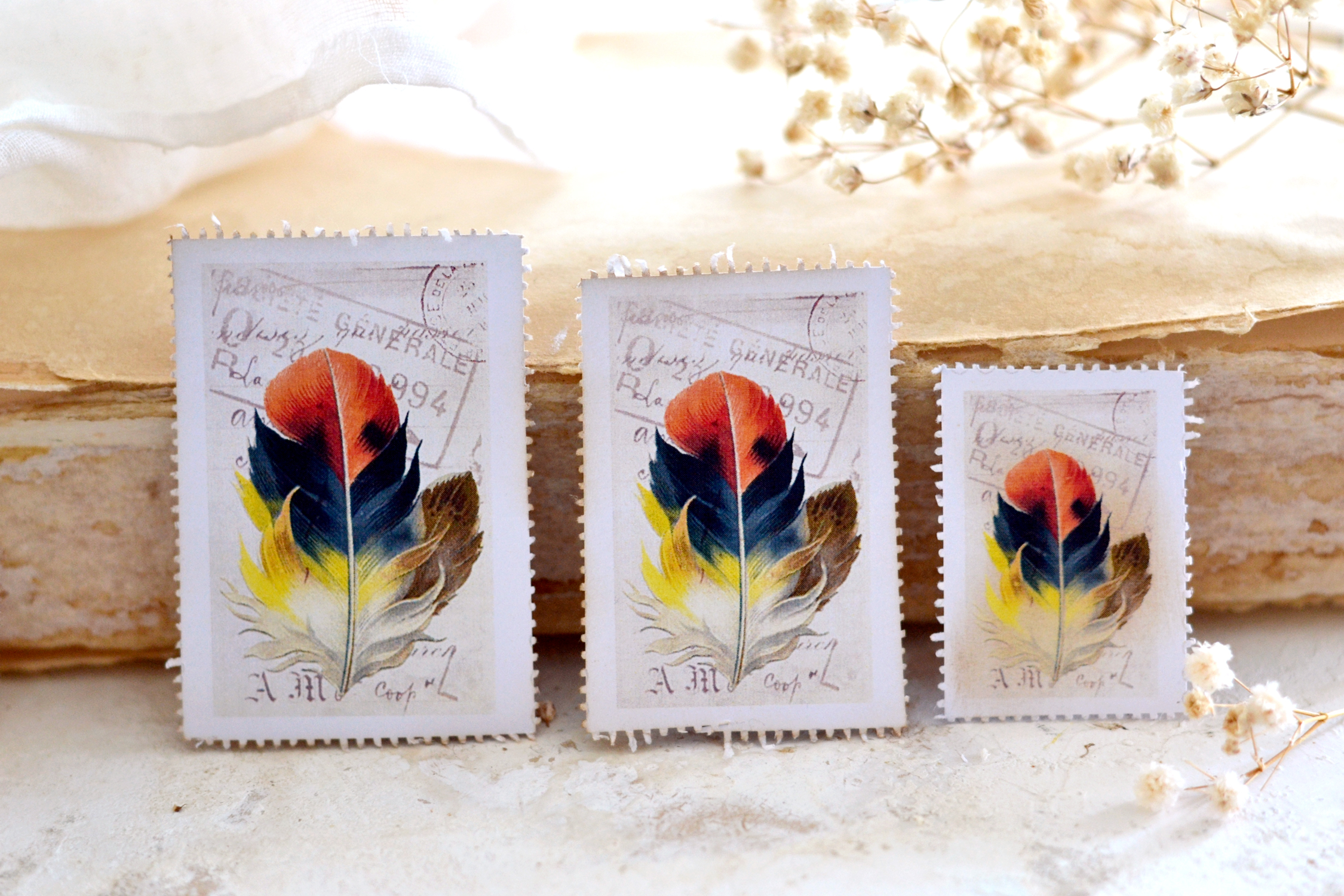 orange feather postage stamps