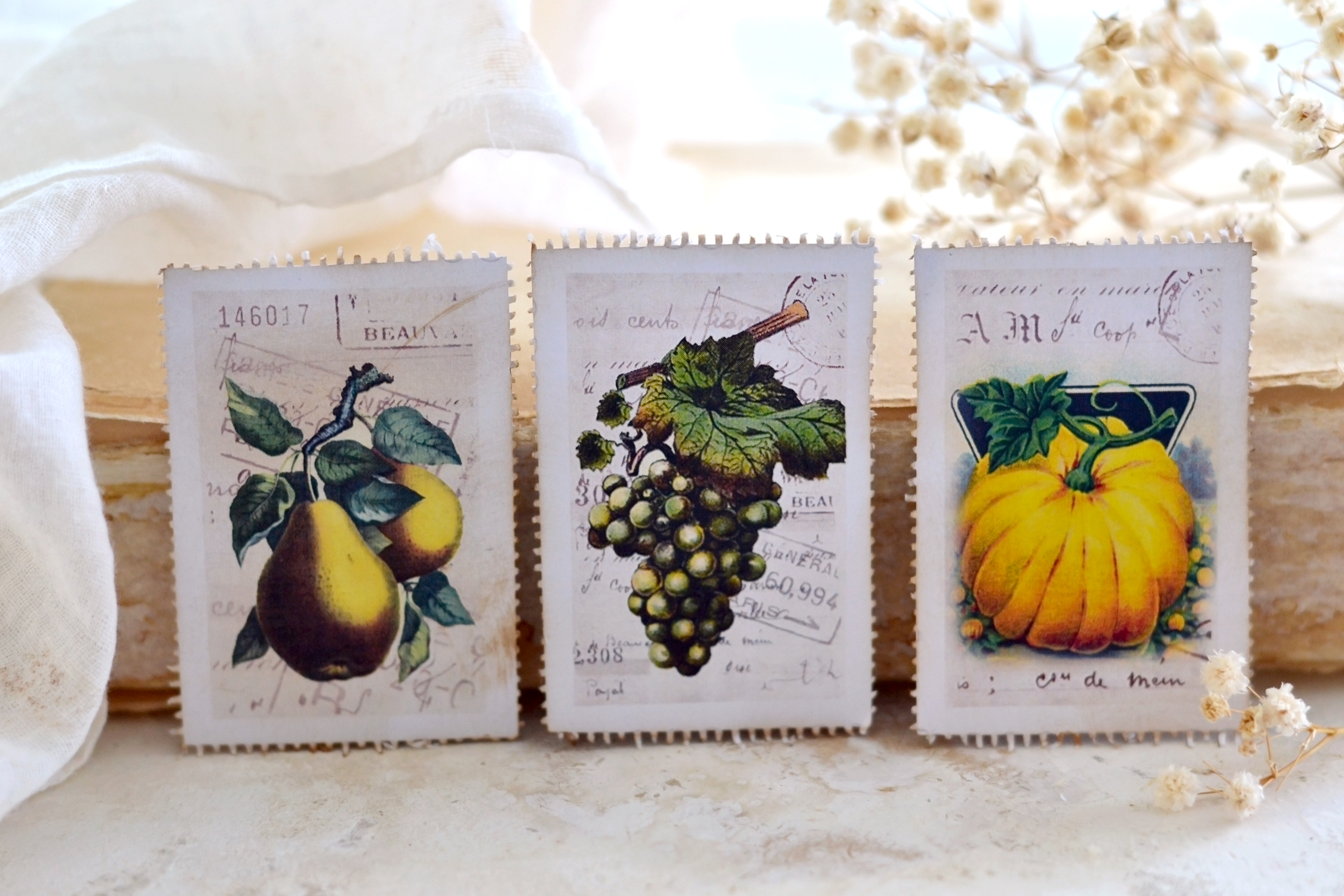 pear, grapes and pumpink postage stamps