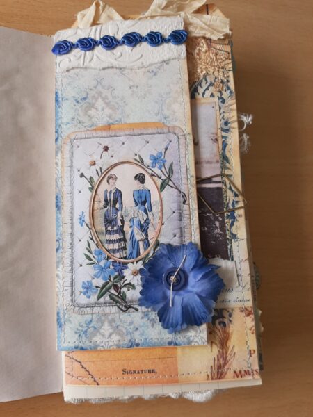 Journal spread with blue flowers