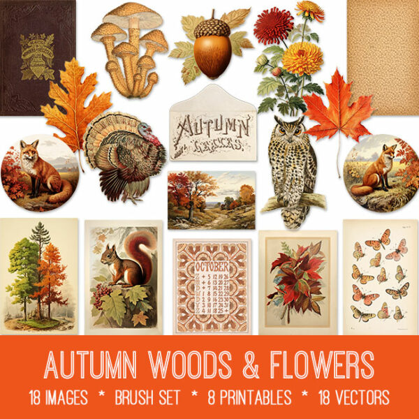Autumn Woods and Flowers ephemera vintage images