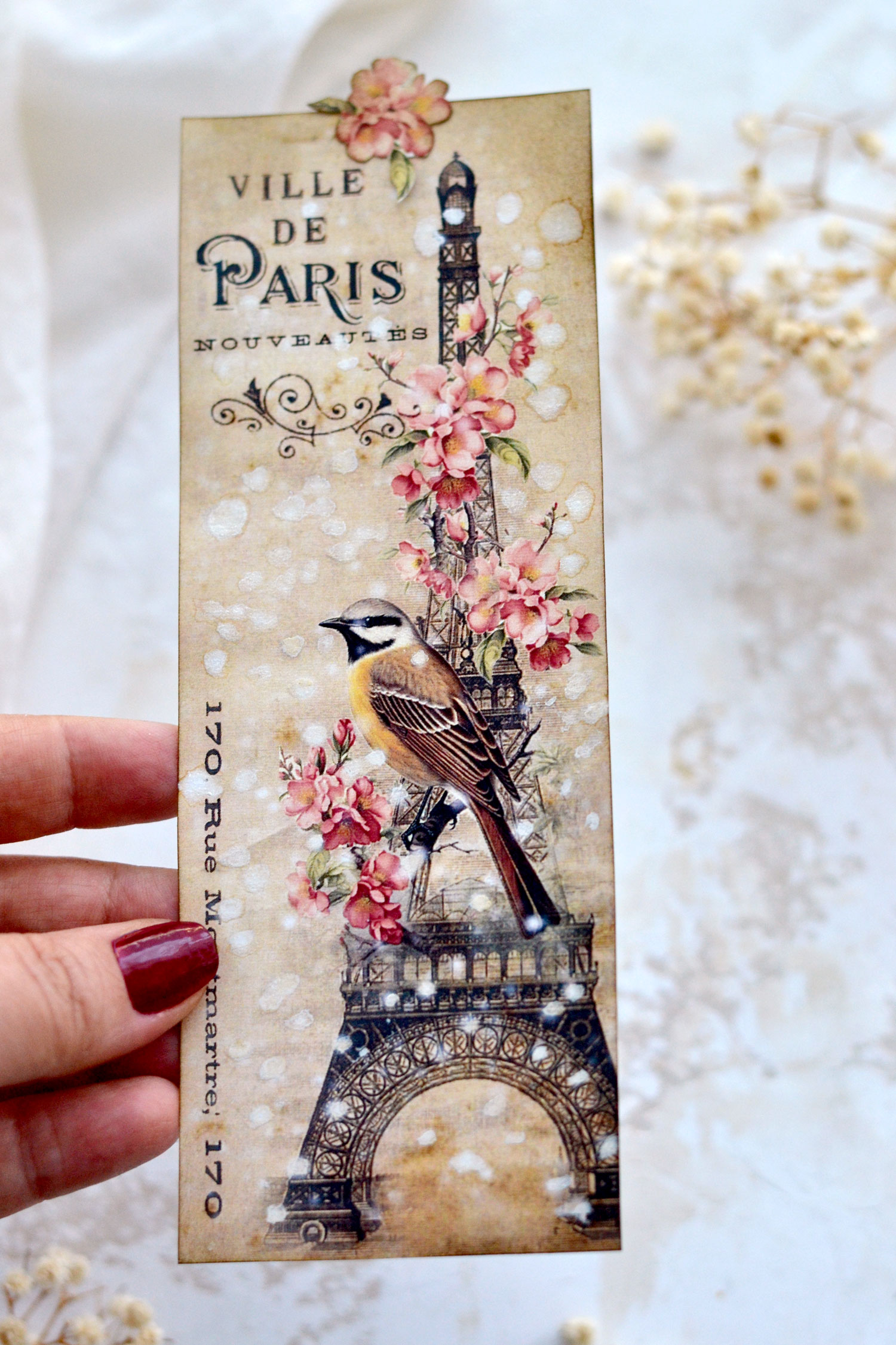 christmas eiffel tower bird bookmark with pearl watercolors