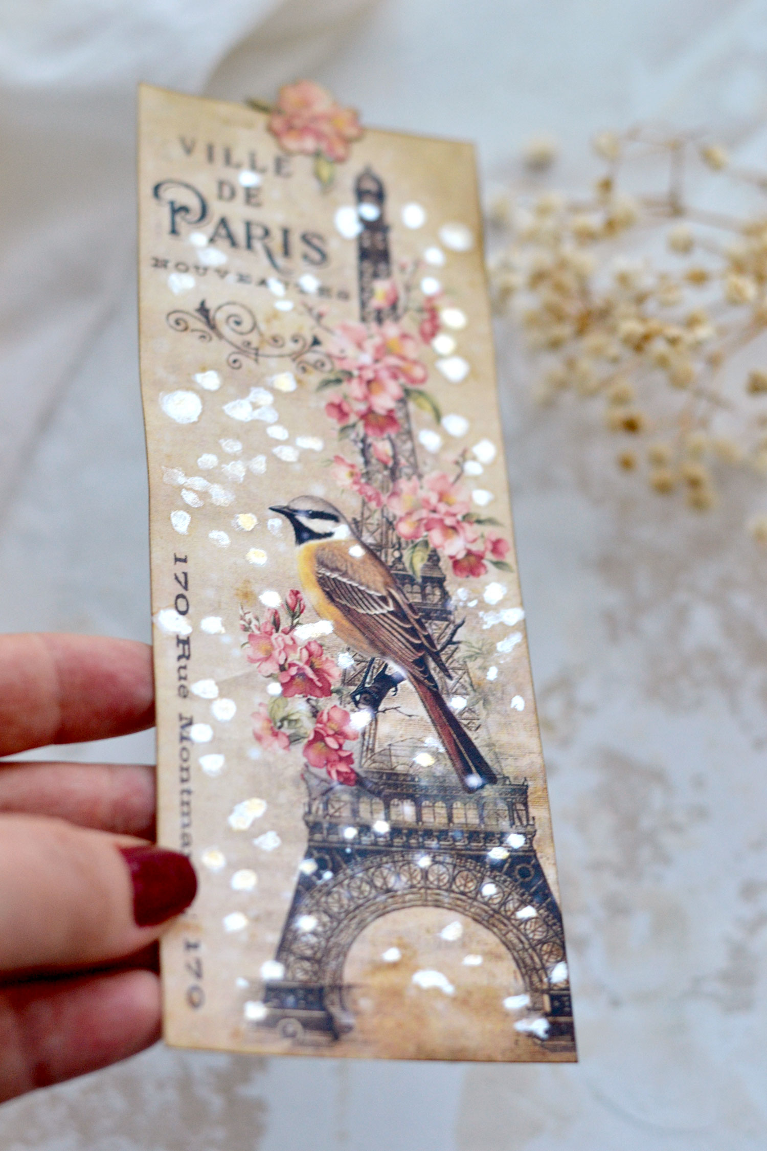 christmas eiffel tower bird bookmark with pearl watercolors