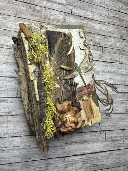 Junk journal cover with tree bark and dragon fly