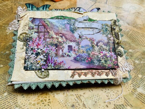 Junk journal cover with roses and cottage image