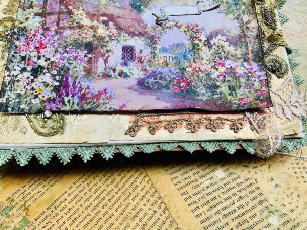 Corner of junk journal cover showing fabric trim