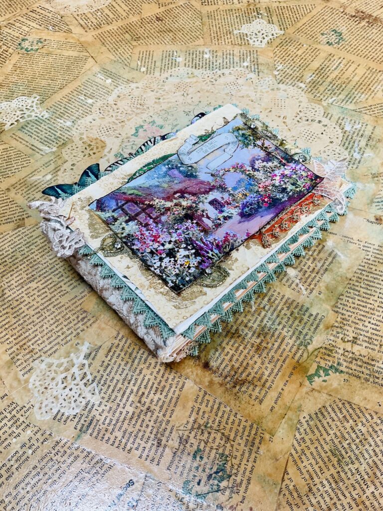 Junk journal cover with cottage and roses
