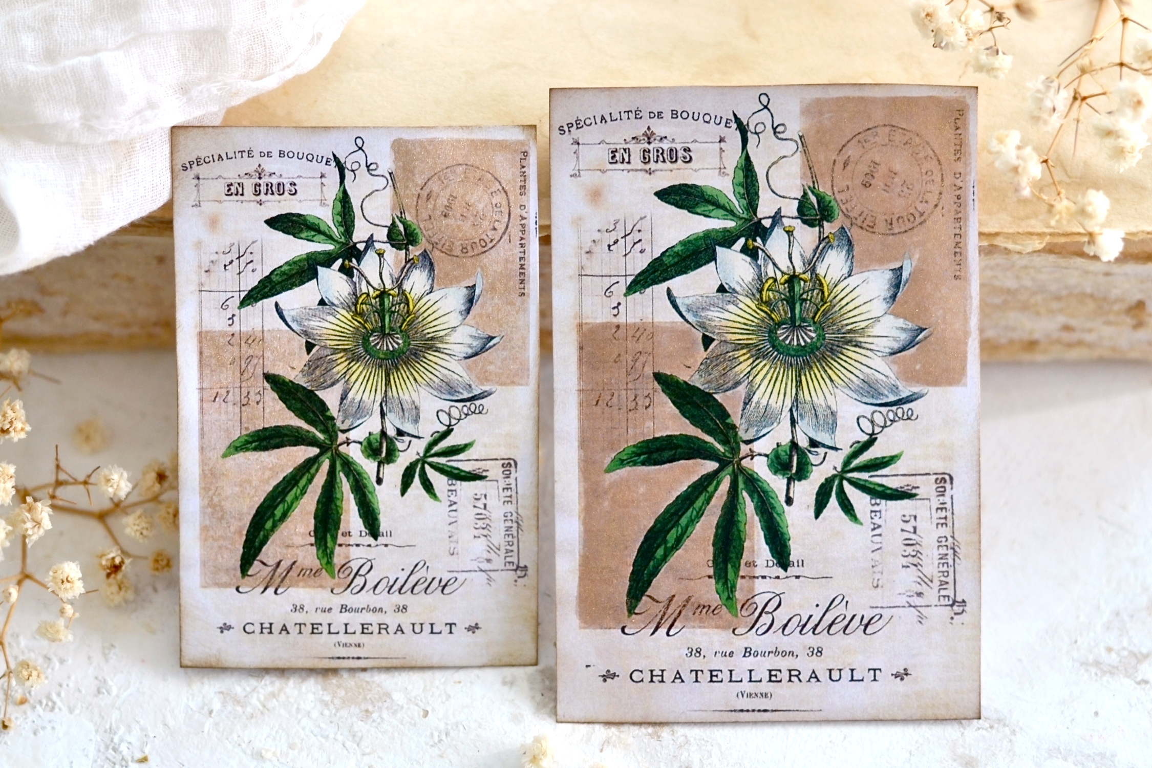 white flower vintage cards