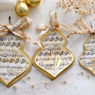 Sheet music Christmas ornaments with gold touches