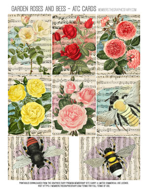 Garden Roses and Bees assorted printable ATC cards