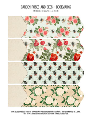 Garden Roses and Bees assorted printable bookmarks
