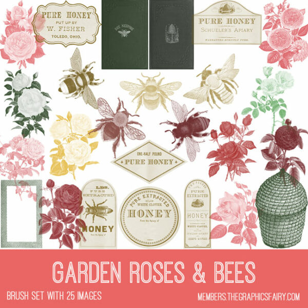 vintage Garden Roses & Bees ephemera brush set