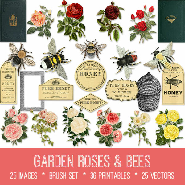 Garden Roses & Bees ephemera vintage images