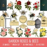 vintage Garden Roses & Bees ephemera bundle