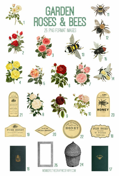 vintage Garden Roses & Bees ephemera digital image bundle