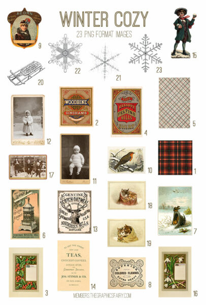 vintage Winter Cozy ephemera digital image bundle