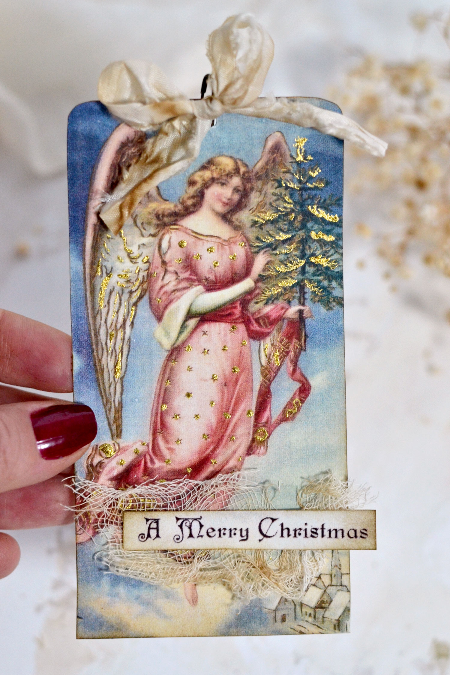 Pink Christmas angel tag with gold touches
