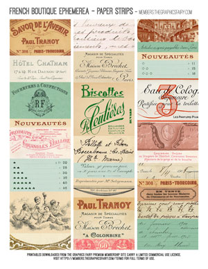 French Boutique Ephemera assorted printable paper strips