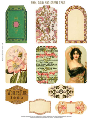 Pink, Gold and Green Ephemera assorted printable tags