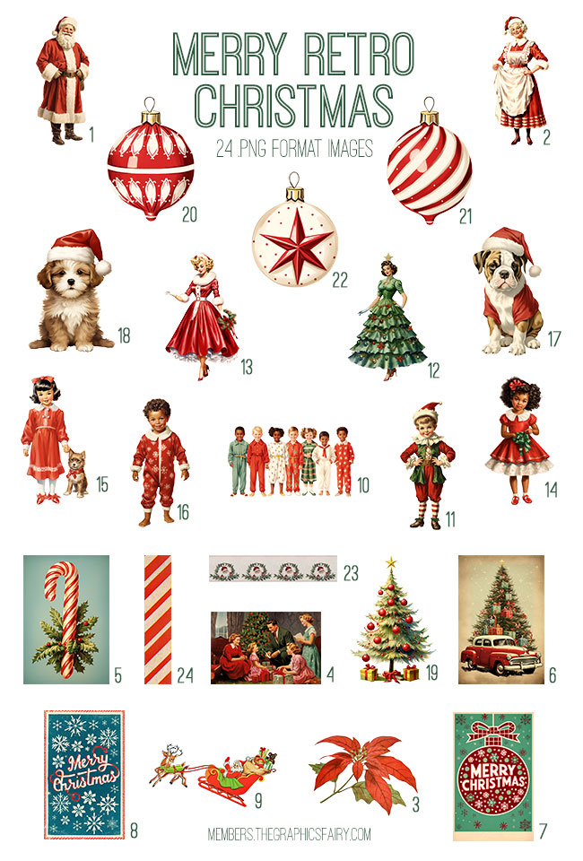 vintage Merry Retro Christmas ephemera digital image bundle