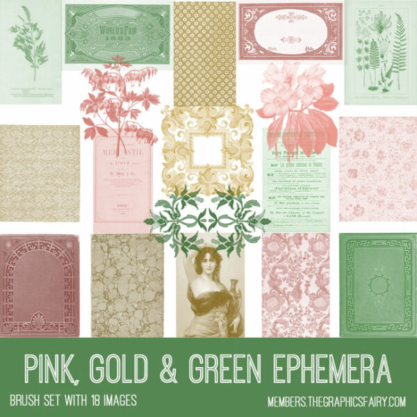vintage Pink, Gold & Green Ephemera brush set