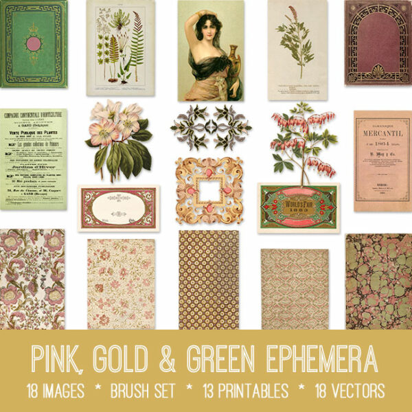 Pink, Gold & Green Ephemera vintage images