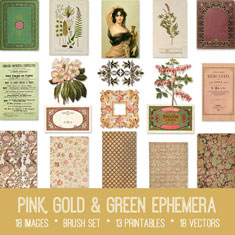 vintage Pink, Gold & Green Ephemera bundle