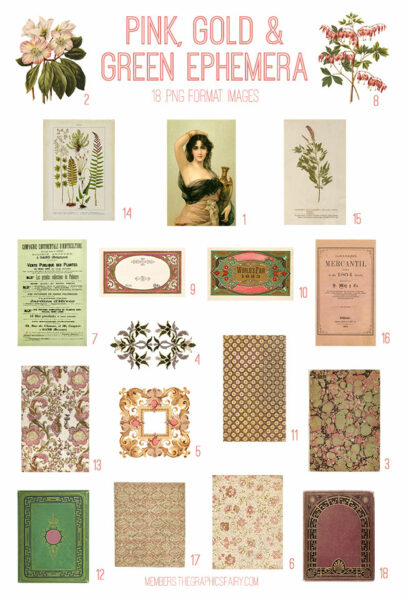 vintage Pink, Gold & Green Ephemera digital image bundle
