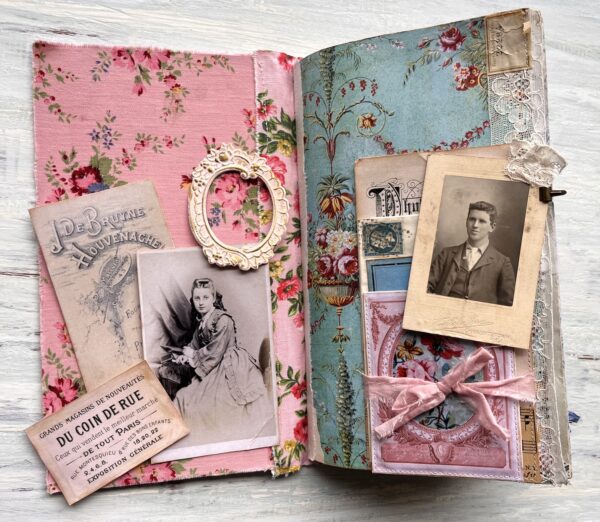 Pink and blue journal spread with old photos
