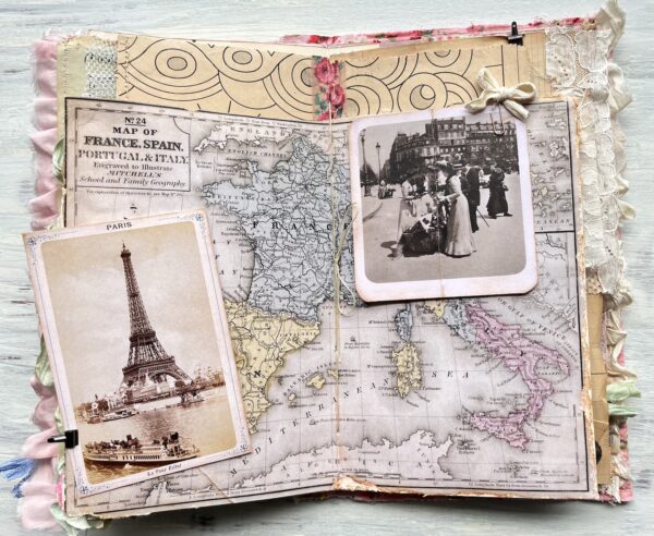 Journal spread with distressed map image