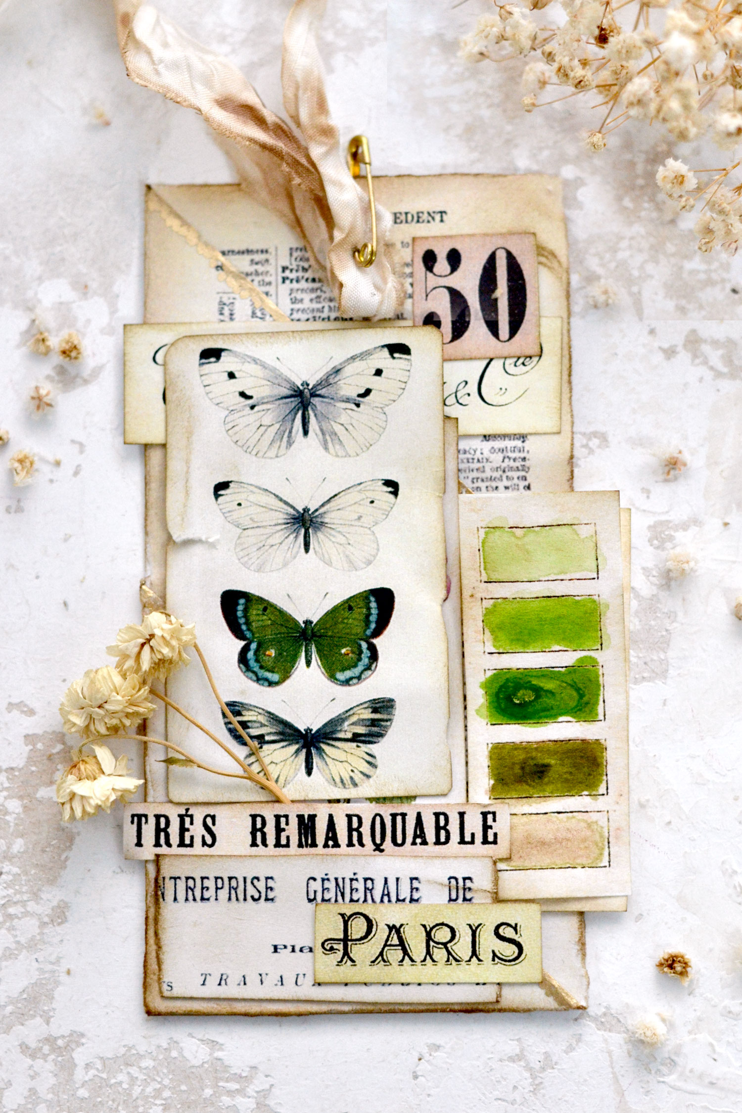 butterfly tag with green watercolor swatches