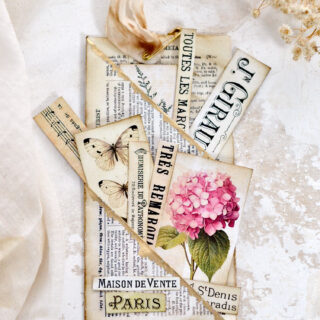 double pocket tag with French ephemera and a pink hydrangea