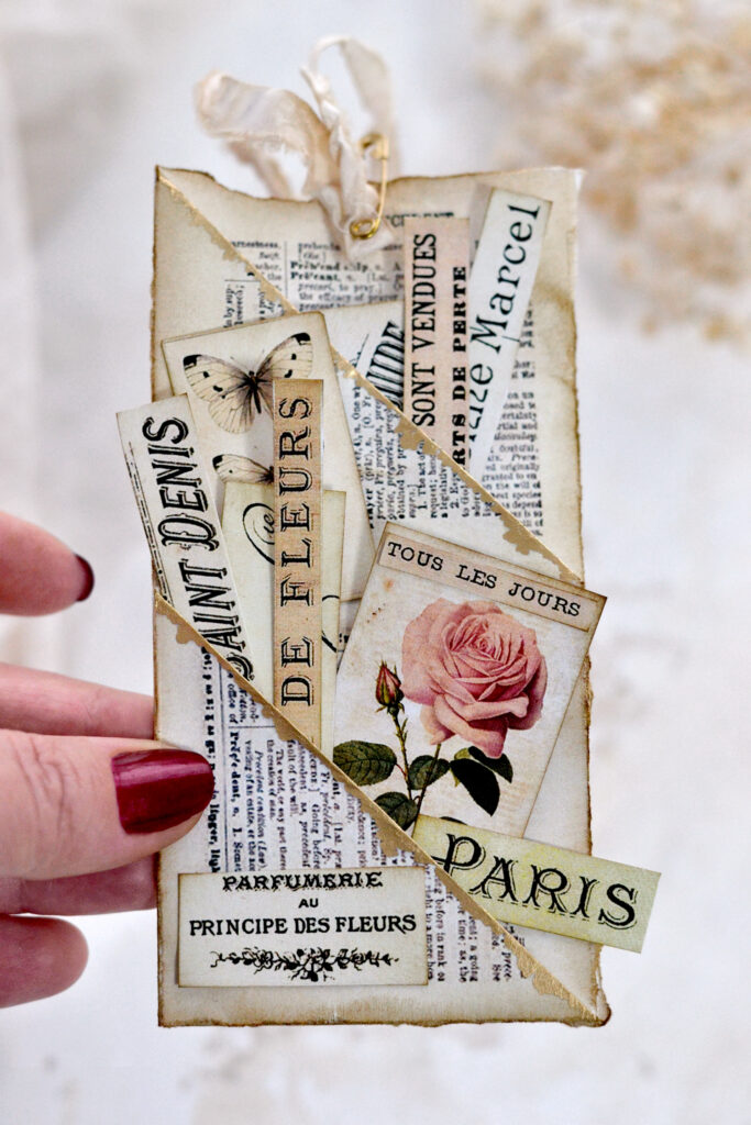 dounle pocket tag with French ephemera and a pink rose
