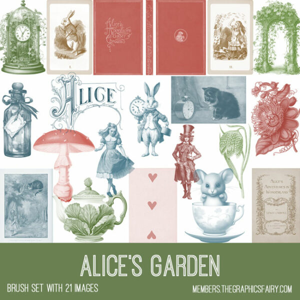 vintage Alice's Garden ephemera brush set