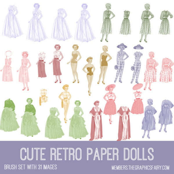 vintage Cute Retro Paper Dolls ephemera brush set
