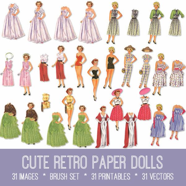 Cute Retro Paper Dolls ephemera vintage images