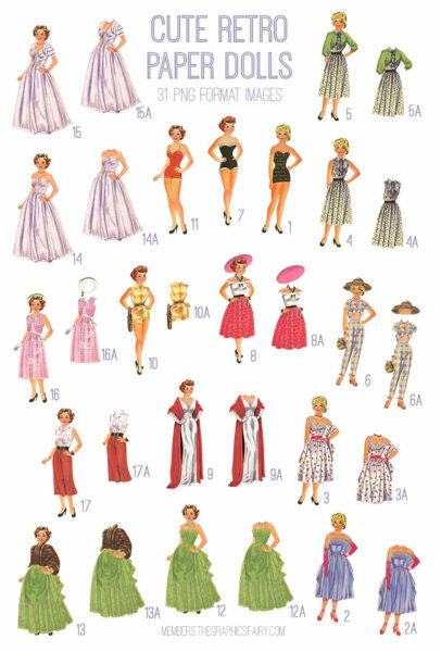 vintage Cute Retro Paper Dolls ephemera digital image bundle