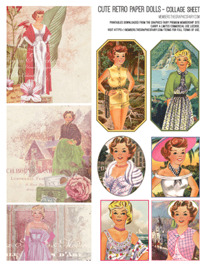 Cute Retro Paper Dolls assorted printable collage sheet