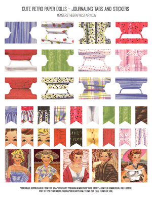 Cute Retro Paper Dolls assorted printable journaling tabs and stickers