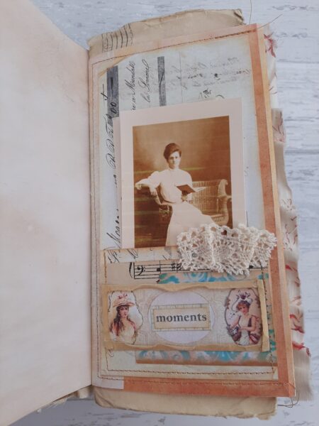 Journal spread with vintage photo and lace