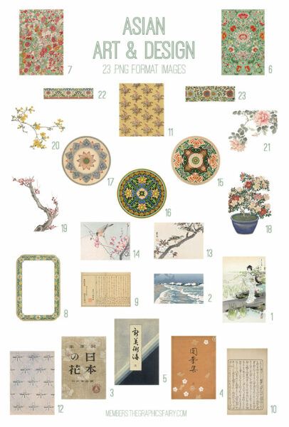 vintage Asian Art & Design ephemera digital image bundle