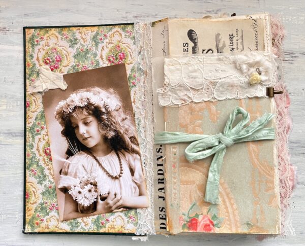 Journal spread with vintage wallpaper and black white picture of a girl