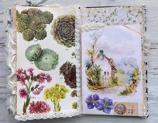 Journal spread with cottage images and flowers