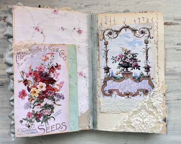 Journal spread with floral seed packet image