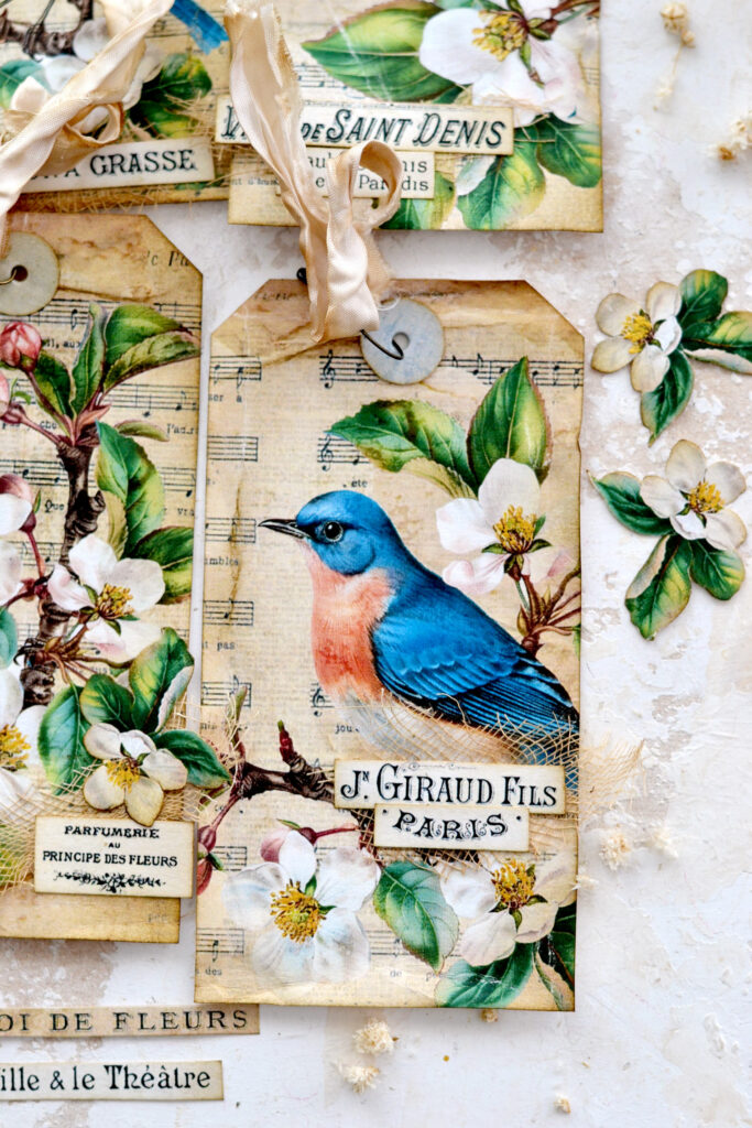 shett music tags with blue birds and blossoms