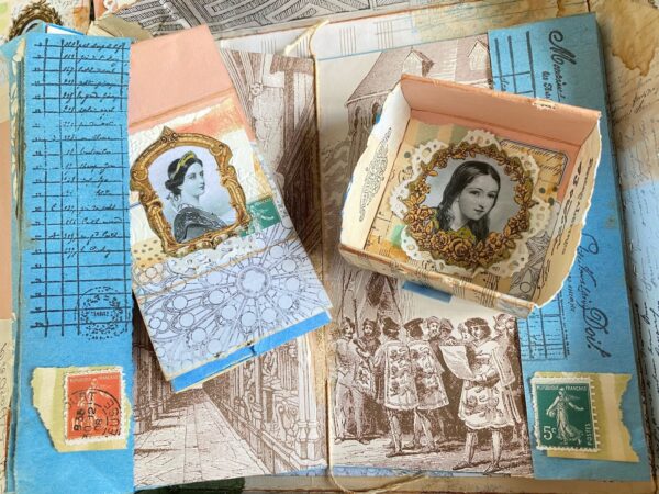 Small collaged boxes with medieval images